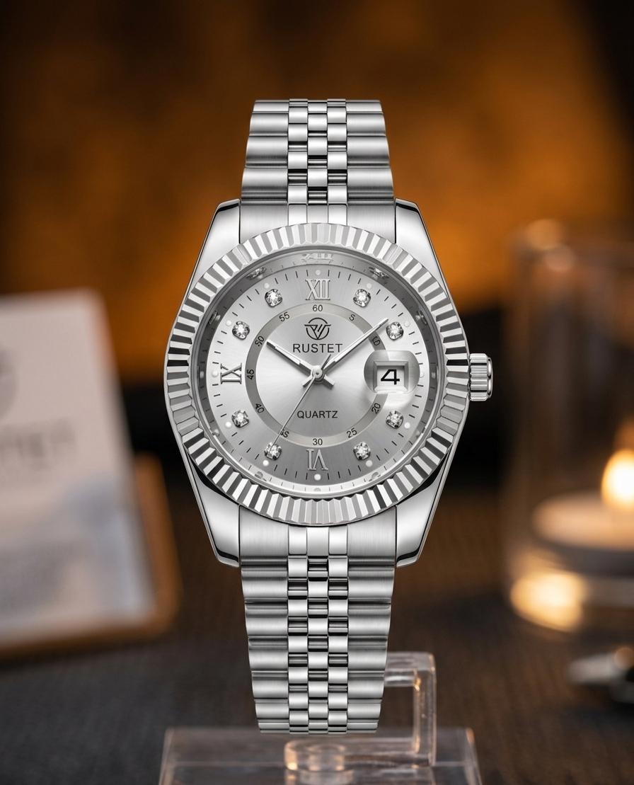 Rustet Classic Stainless Steel Jubilee Date Watch Men's Fashion Quartz Wristwatch