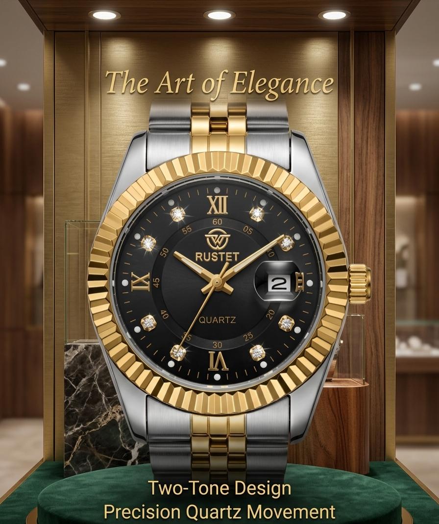 RUSTET Luxury Two-Tone Jubilee Series Premium Black Dial Quartz Watch for Men