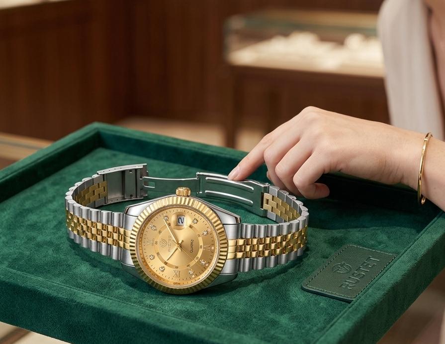 RUSTET "Golden Heritage" Two-Tone Luxury Watch Champagne Dial with Crystal