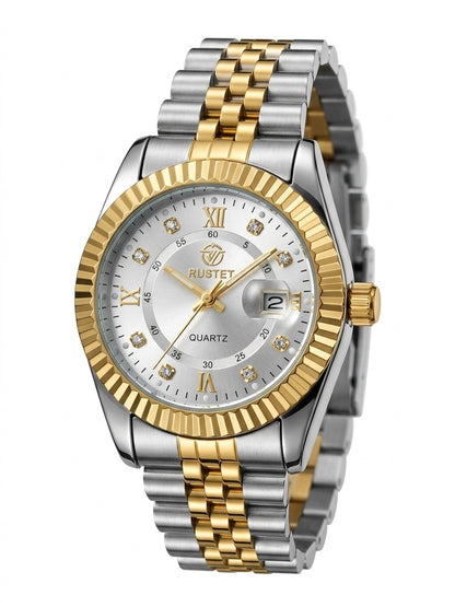 RUSTET Luxury Gold Quartz Watch Diamond Dial Jubilee Bracelet