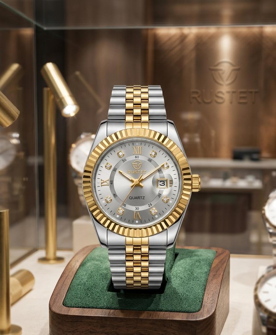 RUSTET Luxury Gold Quartz Watch Diamond Dial Jubilee Bracelet