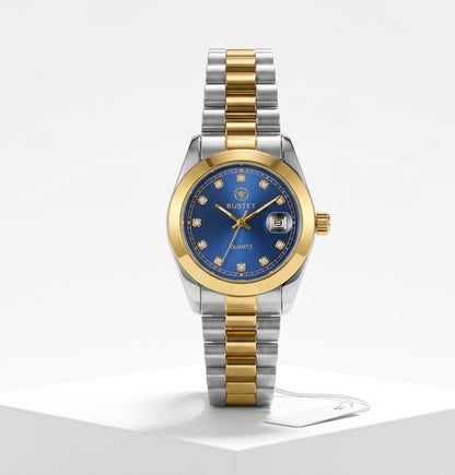 RUSTET Luxury Women's Two Tone Stainless Steel Watch with Sunburst Blue Dial Crystay