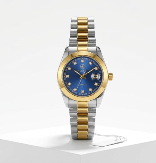 RUSTET Luxury Women's Two Tone Stainless Steel Watch with Sunburst Blue Dial Crystay