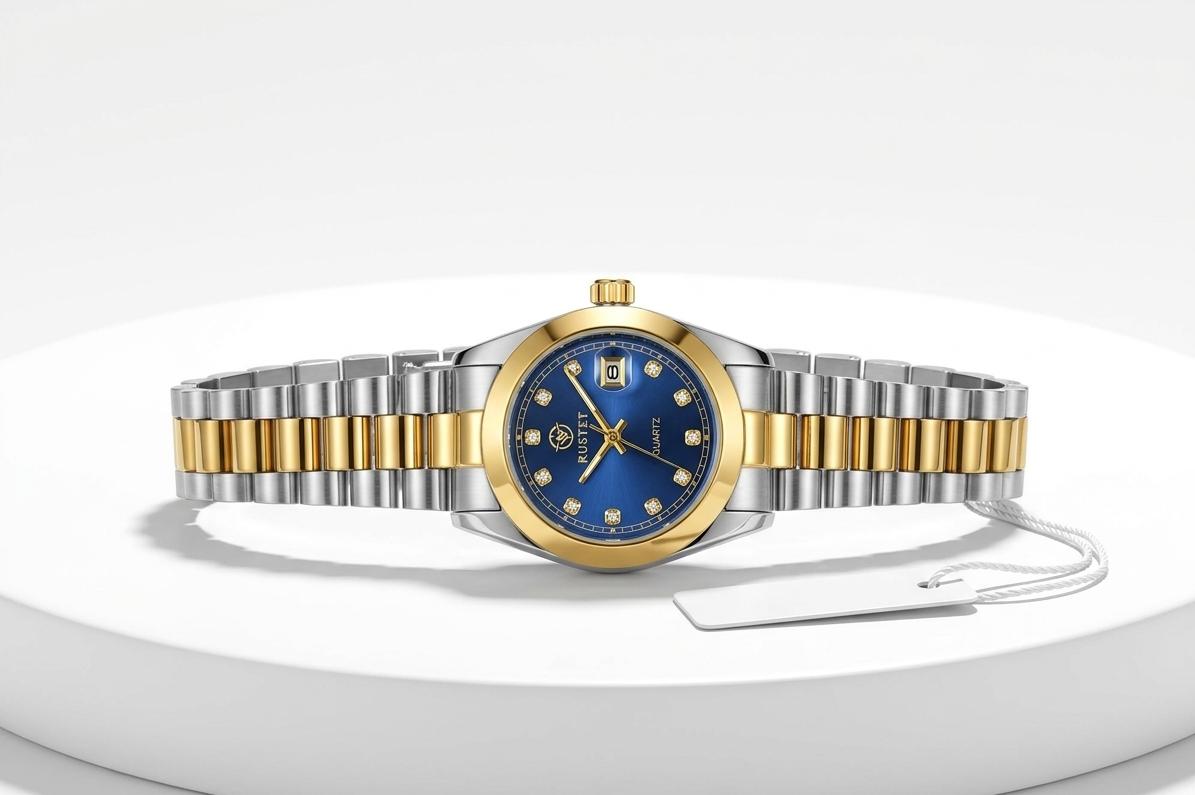 RUSTET Luxury Women's Two Tone Stainless Steel Watch with Sunburst Blue Dial Crystay