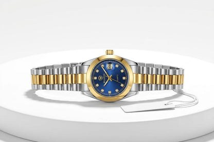 RUSTET Luxury Women's Two Tone Stainless Steel Watch with Sunburst Blue Dial Crystay