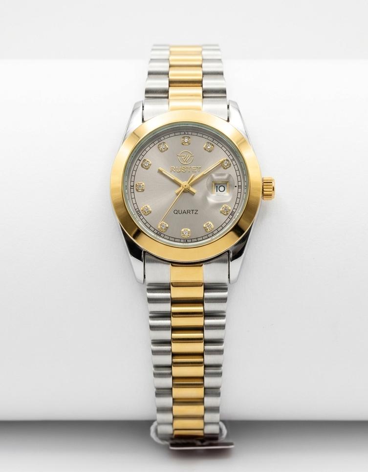RUSTET Elite Women's Two Tone Luxury Watch Silver Sunray Dial with Crystal Accents & Date Display