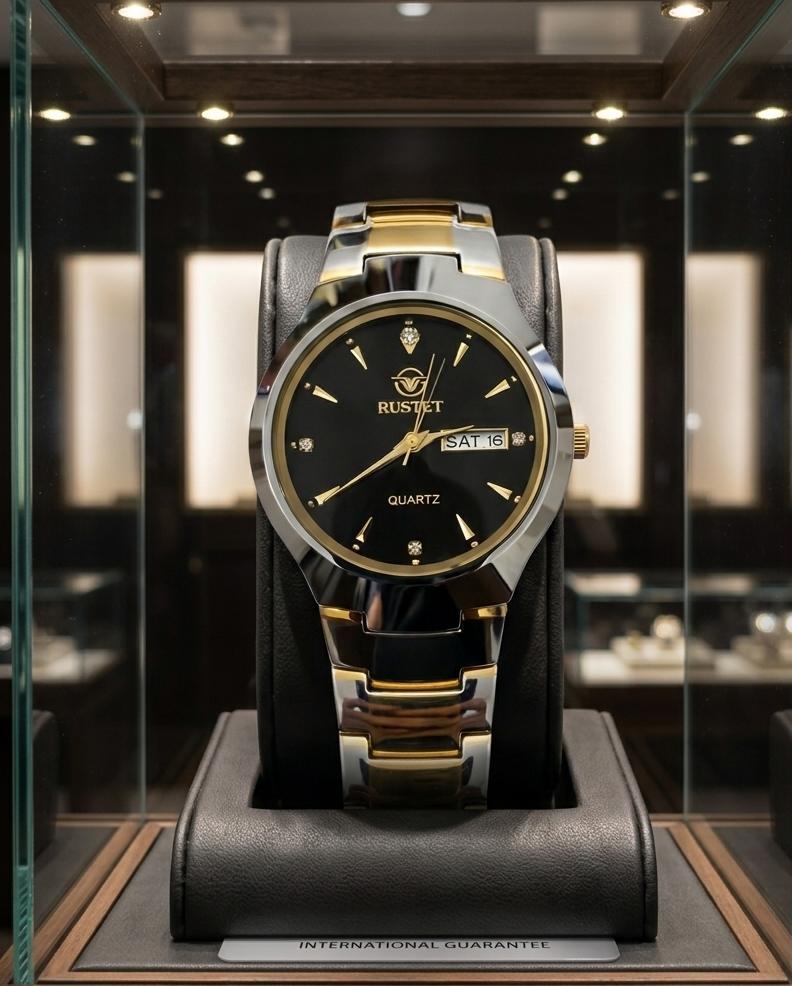 RUSTET Elite Two Tone Luxury Watch Black Sunray Dial with Crystal Accents Day & Date Display