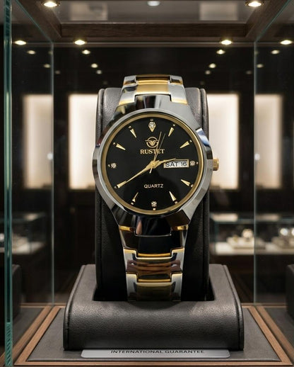 RUSTET Elite Two Tone Luxury Watch Black Sunray Dial with Crystal Accents Day & Date Display
