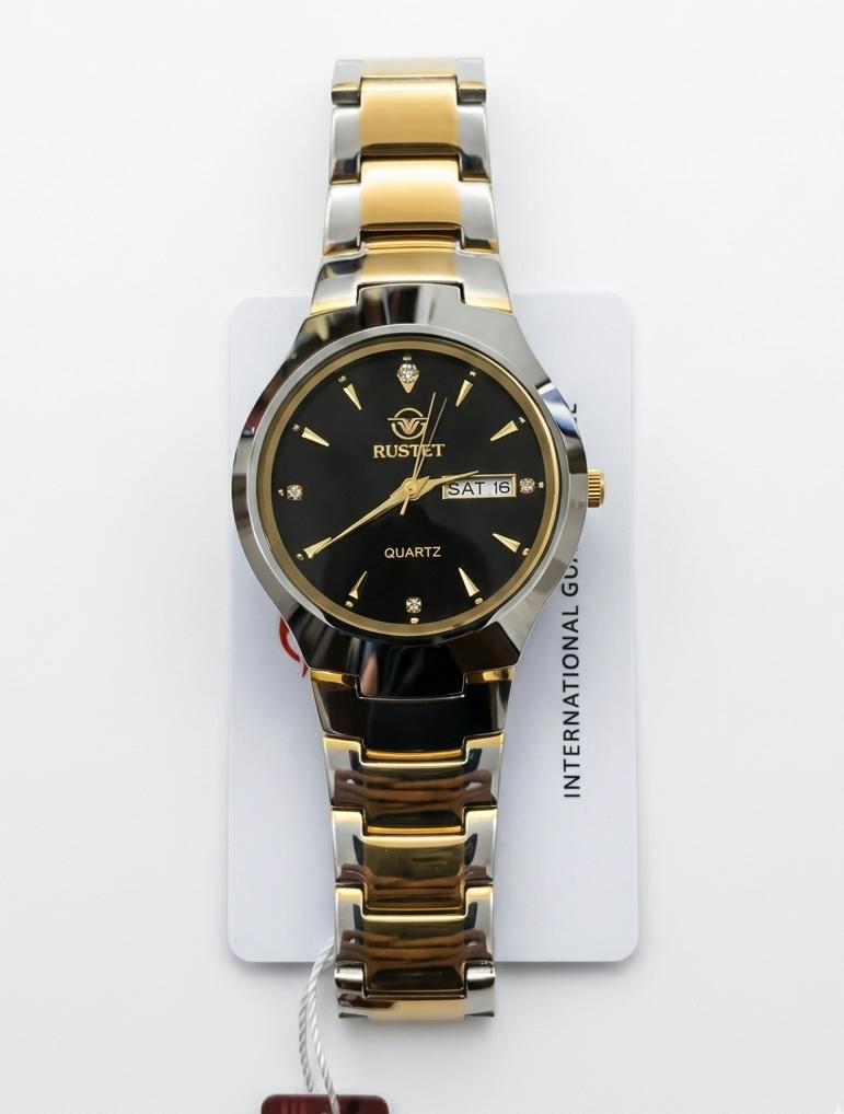 RUSTET Elite Two Tone Luxury Watch Black Sunray Dial with Crystal Accents Day & Date Display